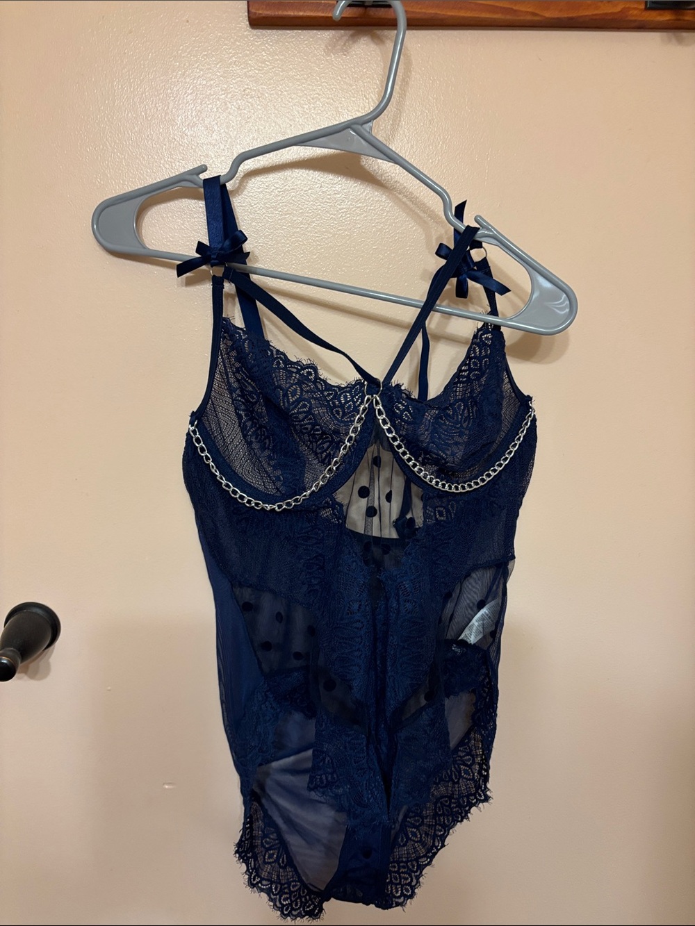 SHEIN Navy Lace Bodysuit with Chain Trim